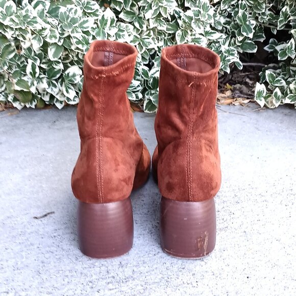 Bershka Burnt Orange Brown Faux Suede Fabric Sock Pull-On Sculpted Heel Booties - Picture 7 of 13